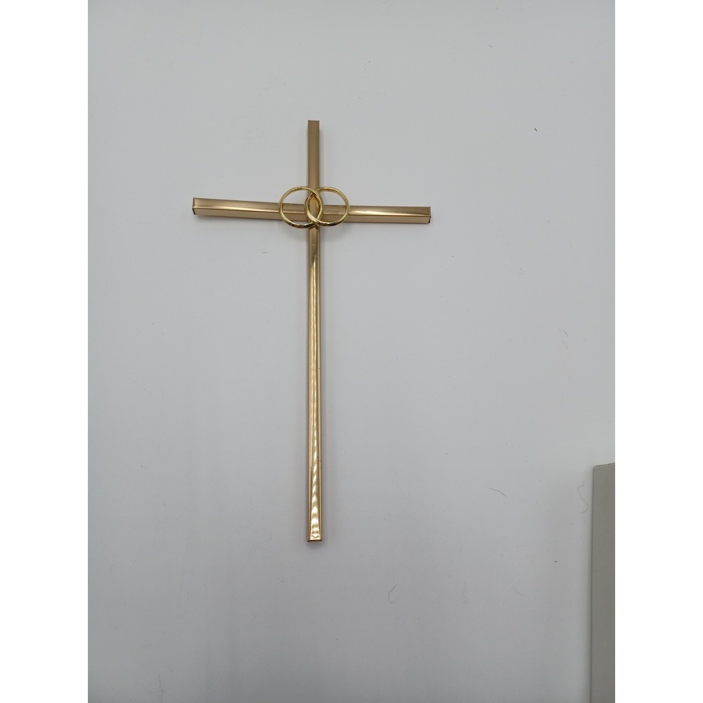 Gold Tone Metal Wedding Ring Wall Cross Religious Marriage Anniversary Decor